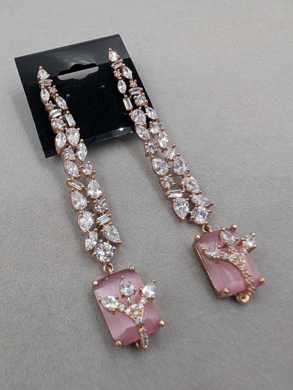 Rose Gold Pink Cat Eye Rhinestone Bridal Drop Earrings | 0349